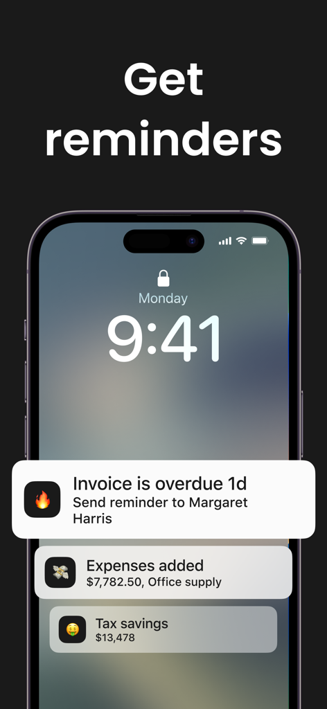 Écran de verrouillage de l'iPhone affichant les notifications de l'application Tofu pour les factures en retard, les dépenses professionnelles et les économies d'impôts.