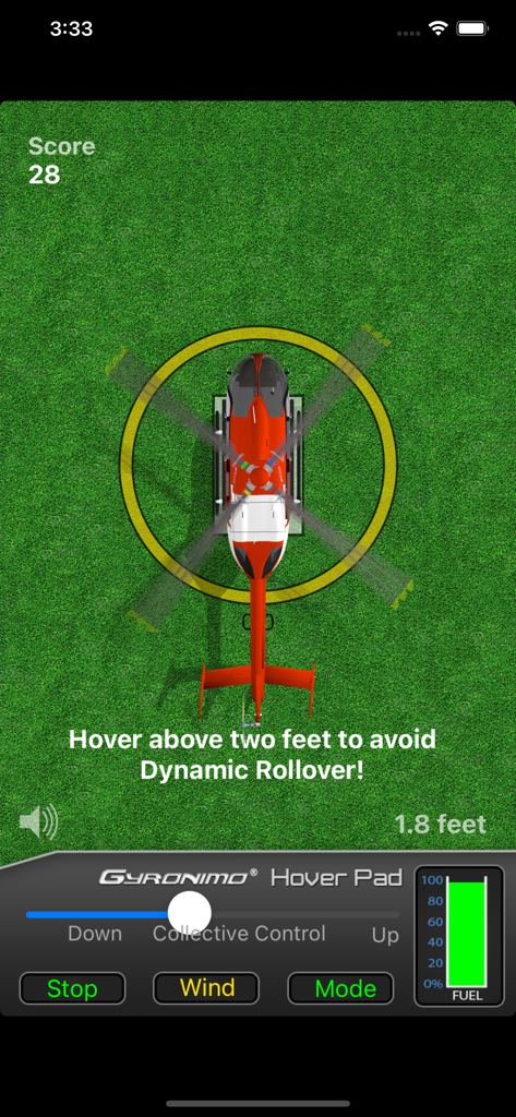 Hover Pad - Visão de cima de um helicóptero vermelho pairando sobre um heliponto no aplicativo Hover Pad.