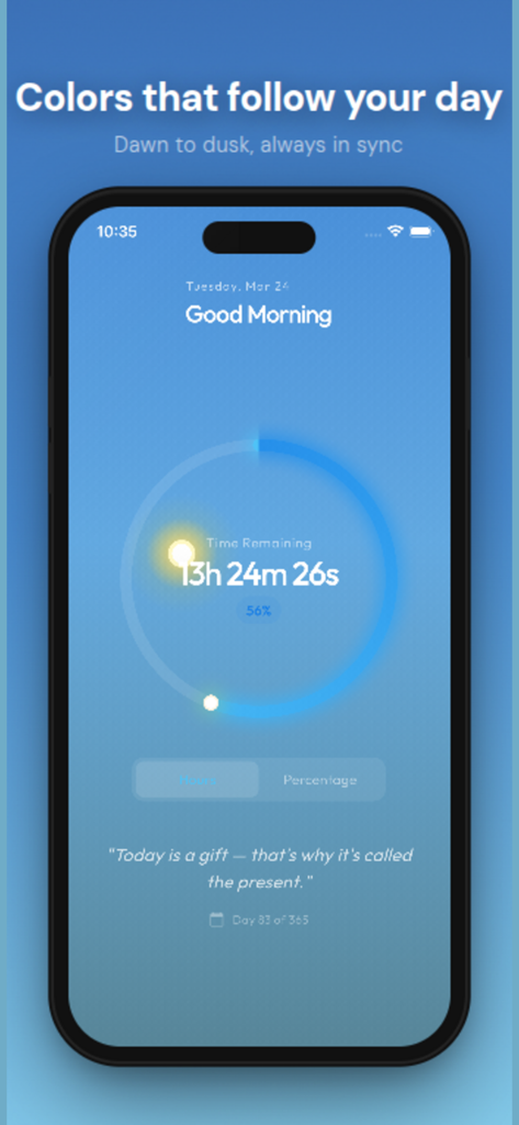 Daycent - Day Progress Tracker - Minimalist Daycent app interface showing circular time progress and morning theme