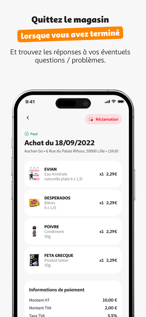 Auchan Go Le Lab (HQ) - A digital receipt on the Auchan Go mobile app listing purchased items and total price.