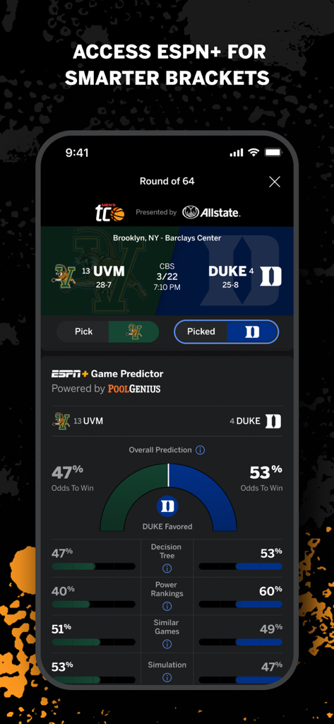 Aplicación ESPN Tournament Challenge que muestra la herramienta Game Predictor con probabilidades de victoria para UVM y Duke.