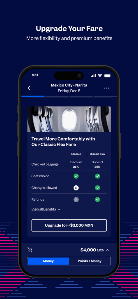 アエロメヒコアプリのインターフェースに、Classic Flex運賃へのフライトアップグレードオプションが表示されています