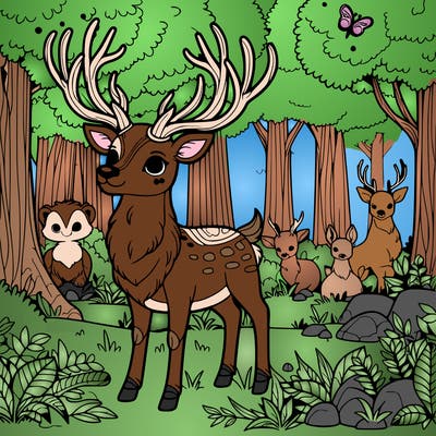 deer with huge horns in a magical forest with other animals