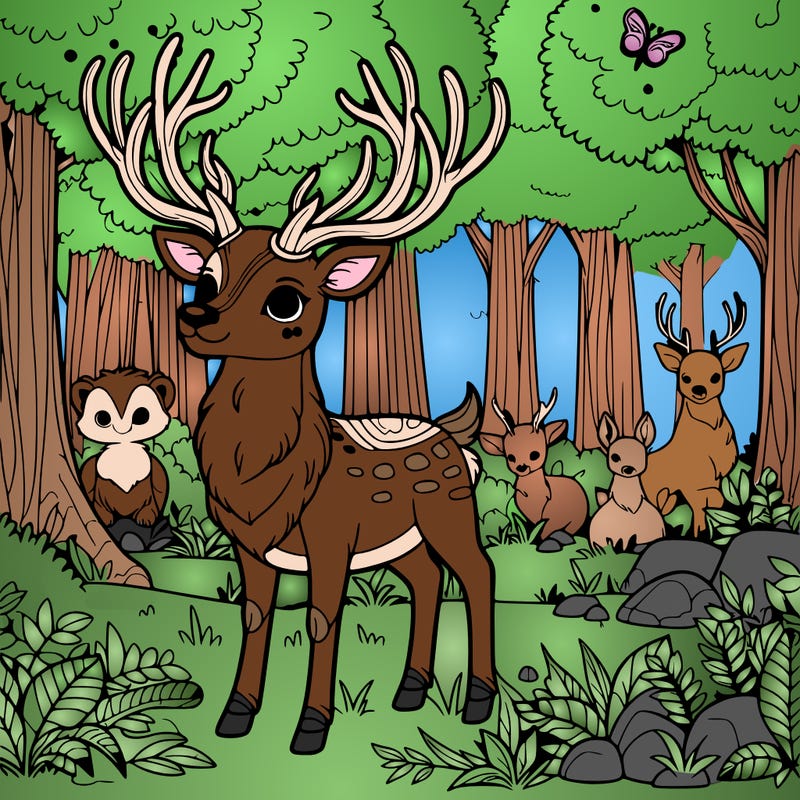 deer with huge horns in a magical forest with other animals