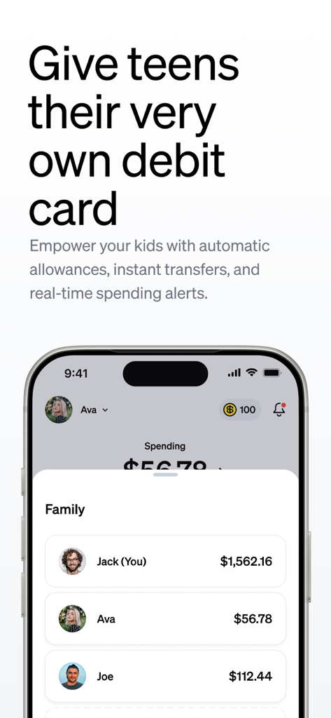 Current - Mobile Banking - Current app interface showing family banking features with teen debit card accounts for allowances and spending alerts
