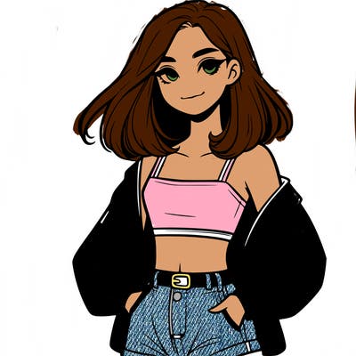 a realistic girl with a crop top and short shorts in an open jacket