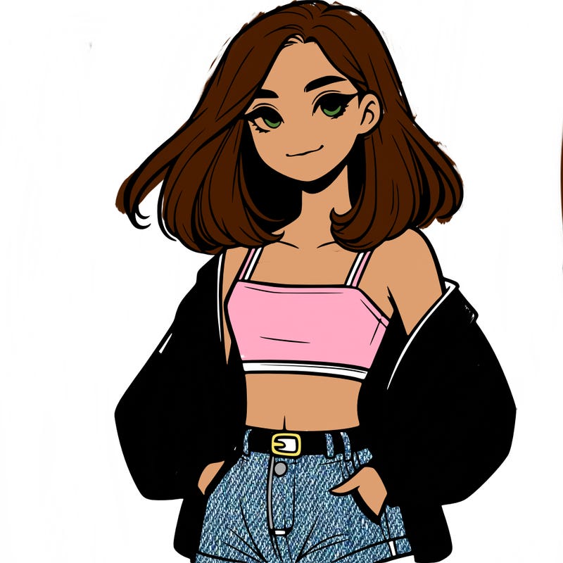 a realistic girl with a crop top and short shorts in an open jacket
