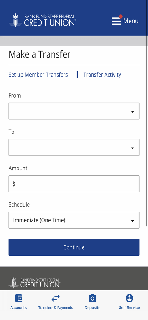 BFSFCU - Pantalla para realizar una transferencia en la aplicación móvil de banca digital de BFSFCU