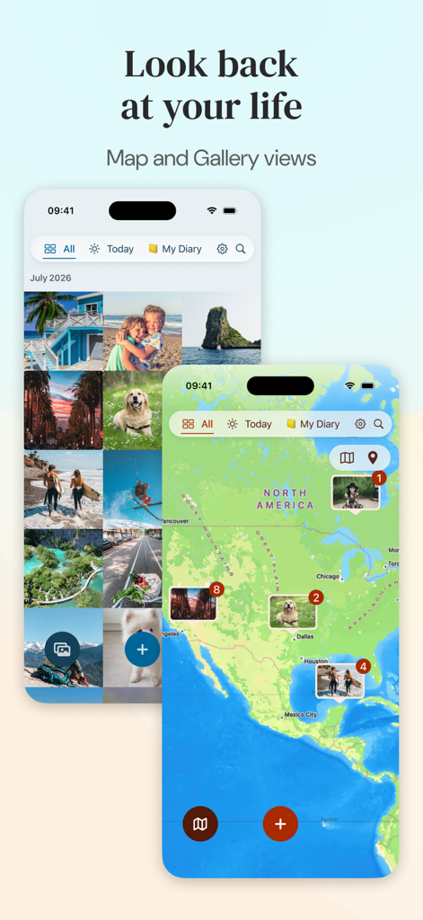 Diarly: Diary, Private Journal - iPhone screens displaying the interactive map and photo gallery features within the Diarly journal app.