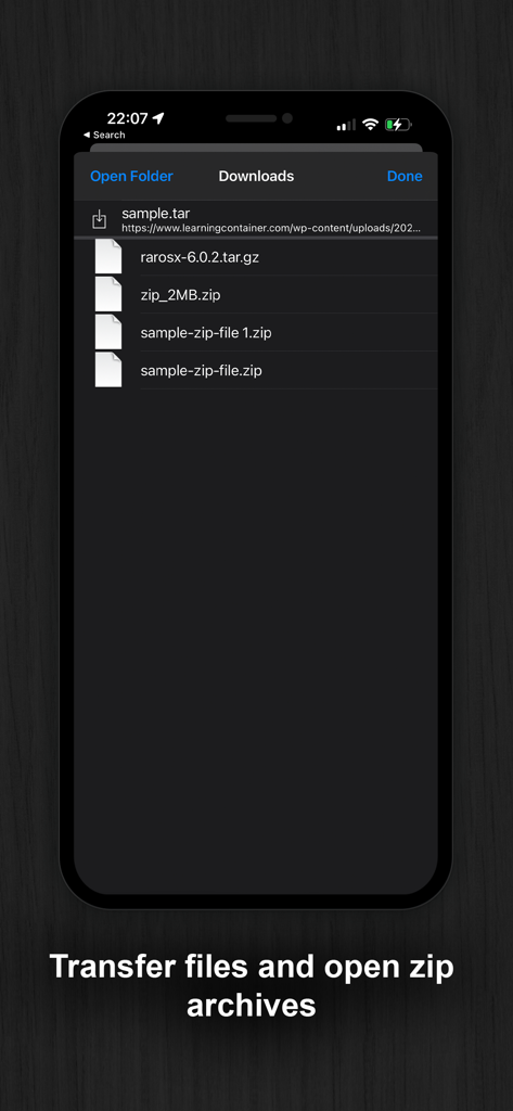 ダウンロードされたzipおよびtarアーカイブのリストが表示されるアプリ画面