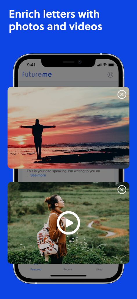 Interface de l'application FutureMe montrant les options pour enrichir les lettres avec des photos et des vidéos.