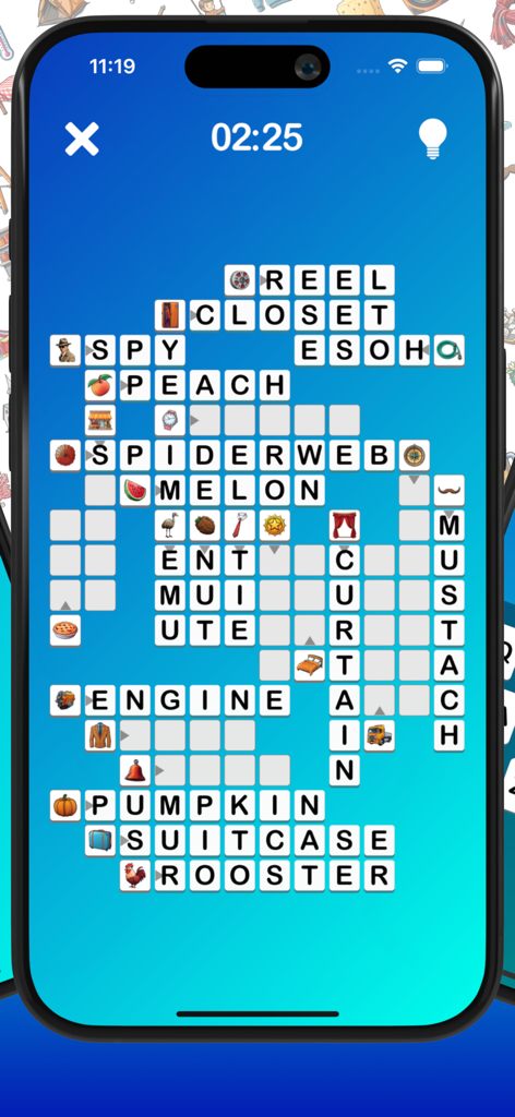 Word Detective - Una pantalla de aplicación móvil que muestra un crucigrama resuelto usando iconos como calabaza y maleta como pistas