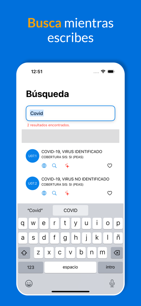CIE 10 y 11 (Español) - Interface de busca em tempo real para códigos de diagnóstico CID-10 e CID-11 em português, mostrando resultados de COVID-19.