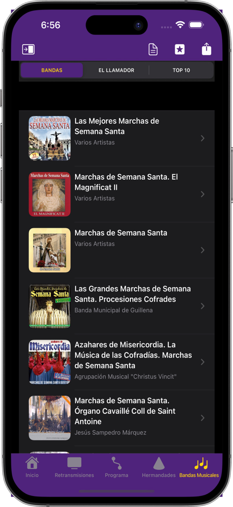 Capture d'écran de la section des bandes musicales dans l'application mobile Semana Santa Sevilla 2025 montrant une liste d'albums de musique de la Semaine Sainte