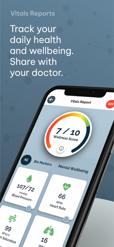 Syntro-P - Syntro-P mobile app showing a vitals report with wellness score and cardiovascular metrics