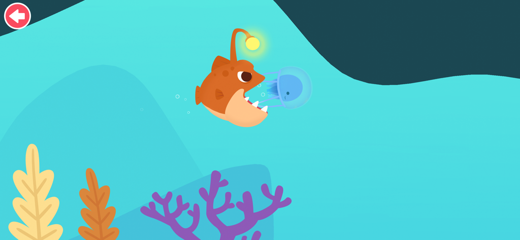 Animal Rescue: Sea Adventure - Cartoon anglerfish and jellyfish swimming in a deep sea environment with colorful corals