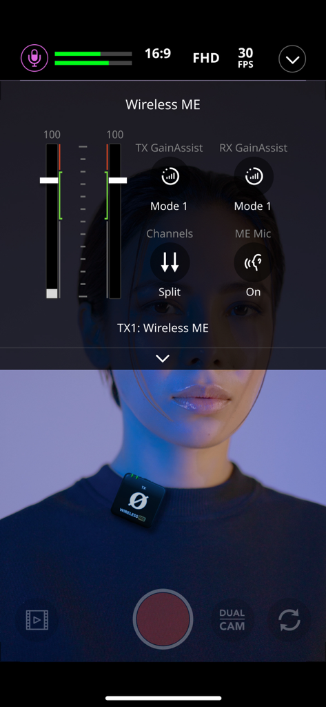 RODE Capture App-Oberfläche, die Wireless ME Audio-Einstellungen und Kamerasteuerungen anzeigt