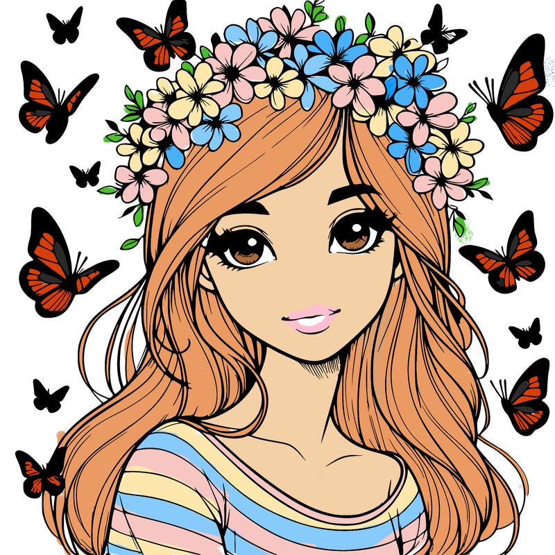 realistic girl with butterflies around her head