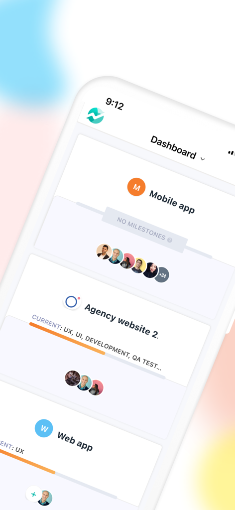 Nifty: Manage Projects & Tasks - Mobile screen showing the Nifty app dashboard with project progress and team avatars