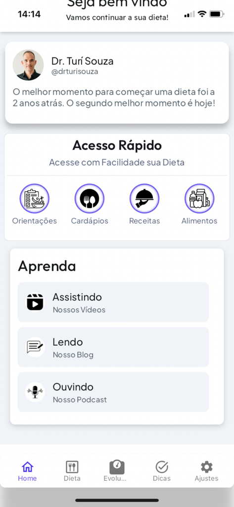 Desafio Diabetes - Low Carb - Home screen of Desafio Diabetes app featuring quick access to diet menus recipes and educational health content