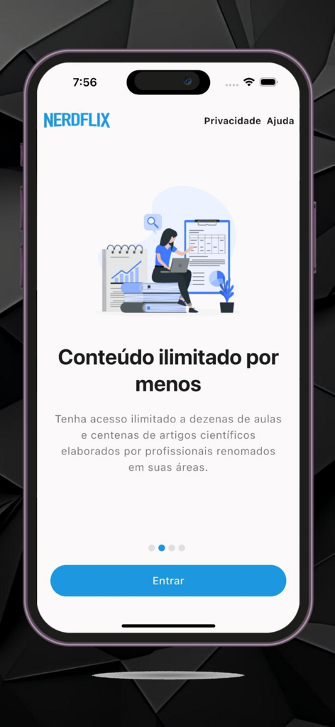 NERDFLIX - NERDFLIX app welcome screen with a student illustration and text about unlimited fitness and nutrition classes