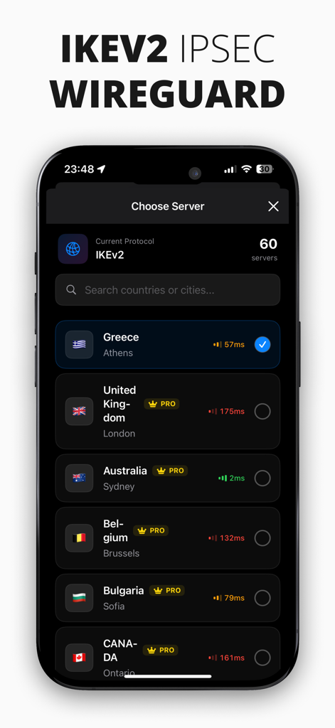 NetVPN Adblock Proxy Unlimited - NetVPN server selection interface showing international server locations and IKEv2 WireGuard protocols