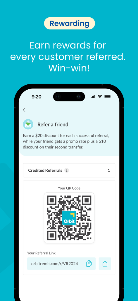 OrbitRemit app referral screen showing rewards for inviting friends and a personal QR code