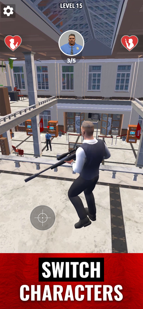 Mr and Mrs Shooter: City Hunt - Scharfschützenfigur mit Blick auf einen Banküberfall im Mr and Mrs Shooter City Hunt Mobile Game