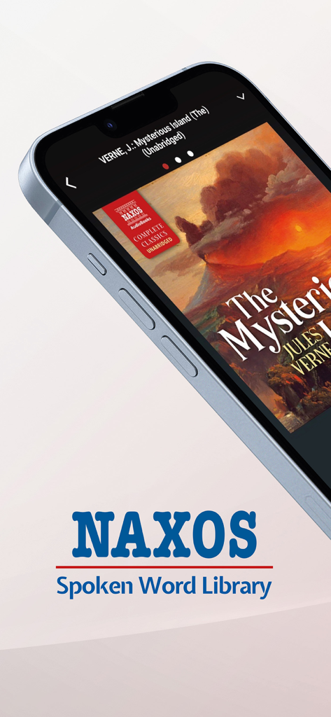 Pantalla de iPhone mostrando la aplicación NSWL reproduciendo La Isla Misteriosa de Julio Verne.