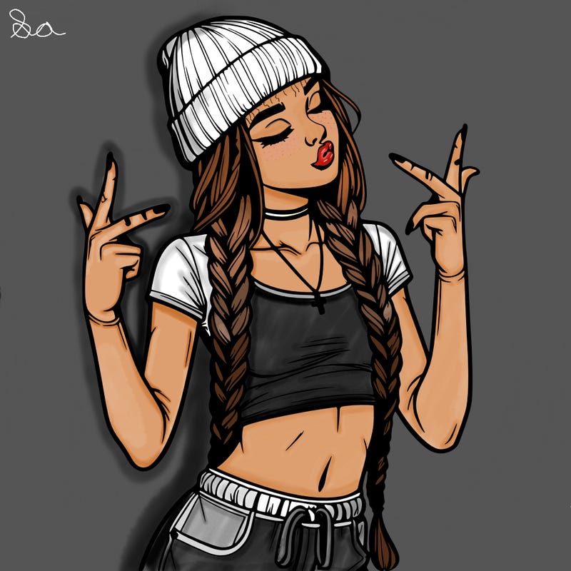 realistic teenage girl with braids and a beanie and crop top doing 🫶🏼