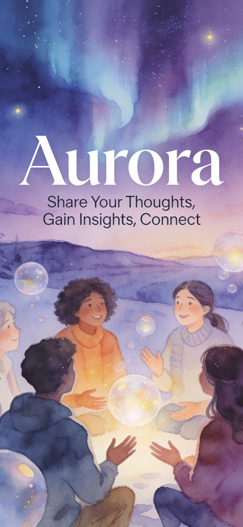 Aurora: AI Therapy & Community - Una ilustración en acuarela de diversas personas sentadas en un círculo de apoyo bajo un cielo nocturno con aurora boreal.