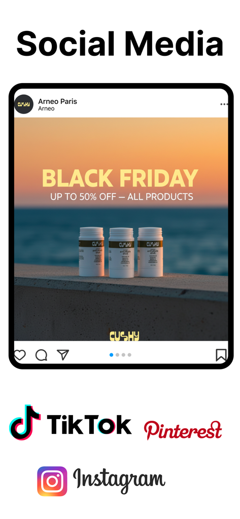 AI Ad Maker-Oberfläche, die einen Black Friday Social-Media-Post-Mockup für Instagram TikTok und Pinterest zeigt