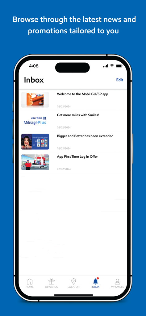 The inbox screen of the Mobil Guam app displaying loyalty program news and promotional offers.