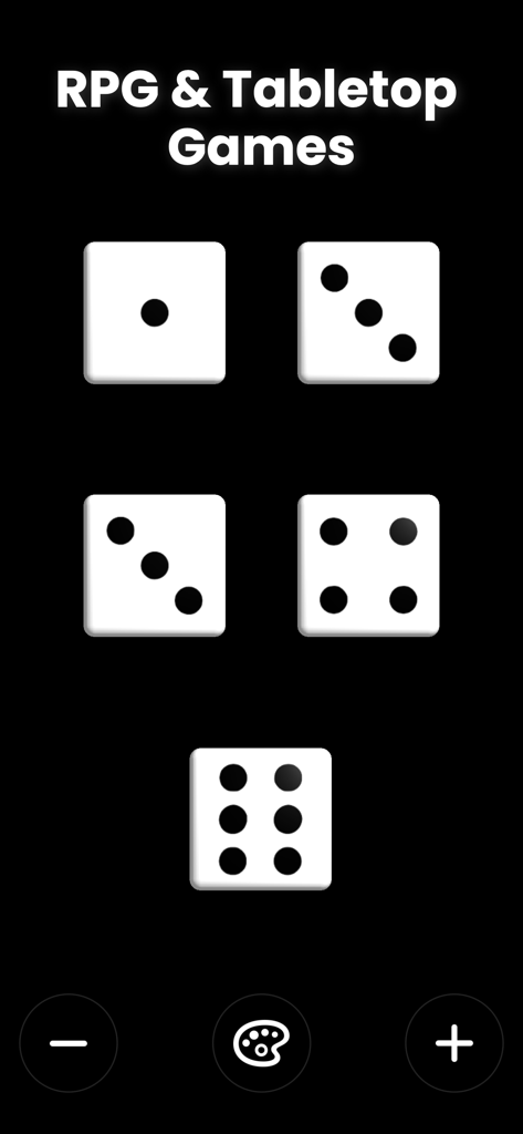 Dice Roller Pro app interface showing multiple white dice for RPG and tabletop games