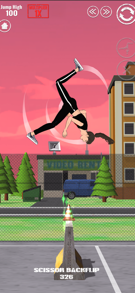 SWAGFLIP Parkour Origins - Um personagem realizando um salto mortal tesoura em um ambiente de cidade urbana.