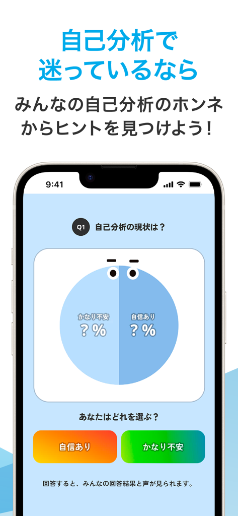 マイナビ2027 就活、就職情報　新卒|27年卒向け - Mobile screen from the Mynavi 2027 app displaying a self-analysis status poll with options for students to select their level of confidence or anxiety about job hunting.