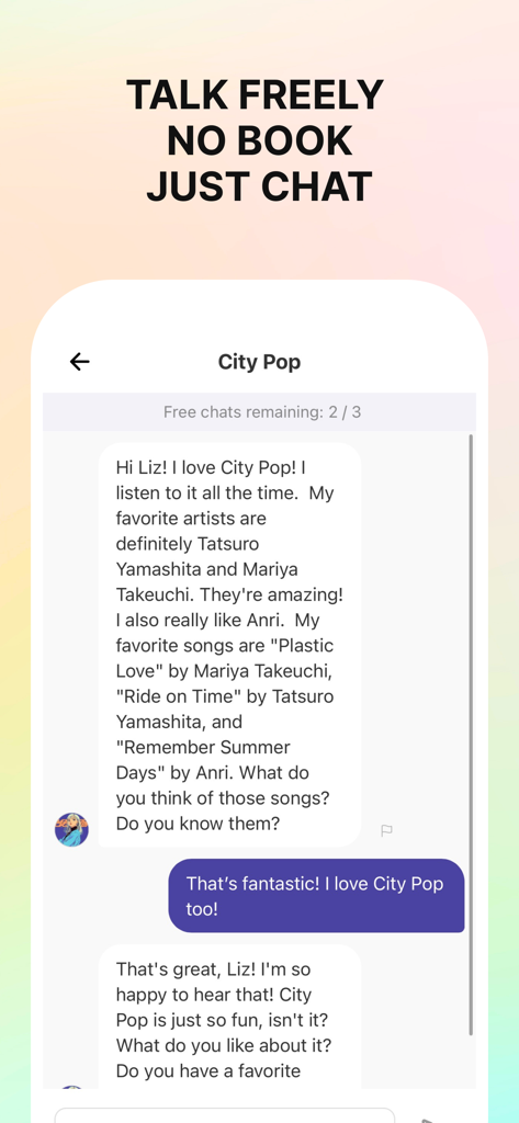 LunaTalk: AI Japanese Chat App - AI chat interface in the LunaTalk app showing a conversation about Japanese City Pop music