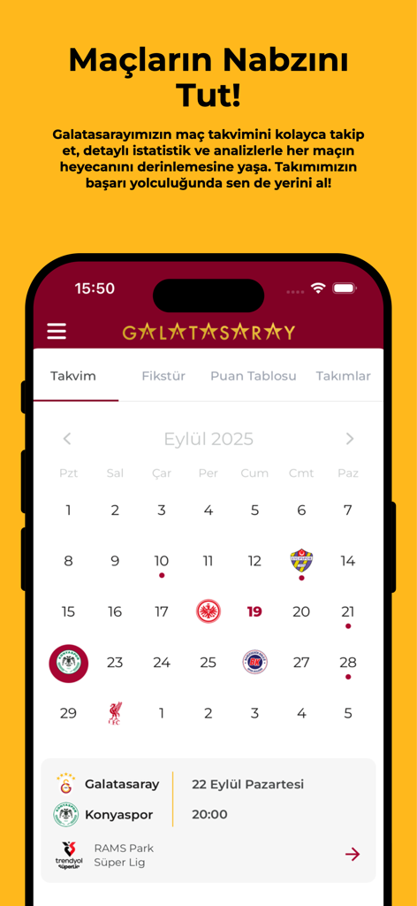 GSPlus - GSPlus app interface showing the Galatasaray match schedule and calendar for September 2025