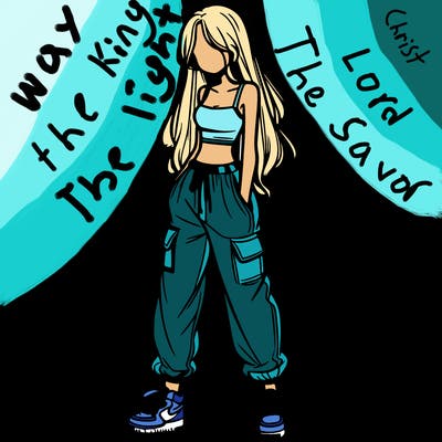 girl in baggy pants crop top and long hair