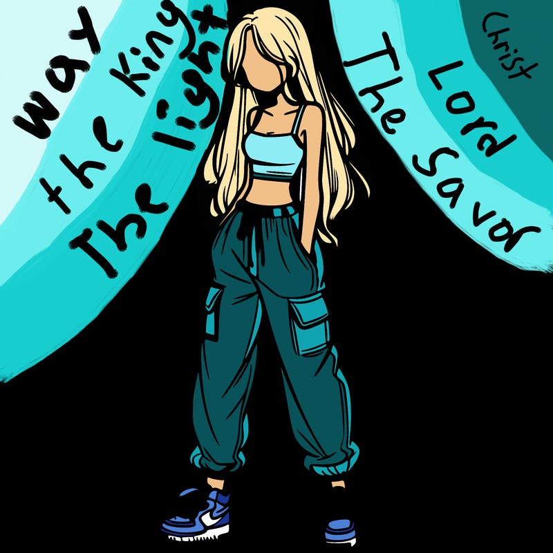 girl in baggy pants crop top and long hair