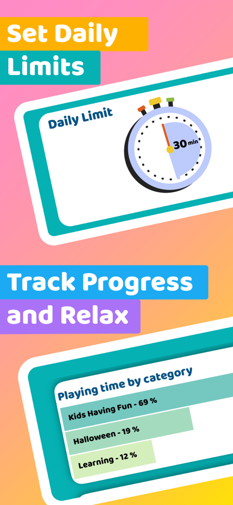Panel de control parental de KidsBeeTV que muestra los límites de tiempo diarios y el seguimiento del progreso por categoría