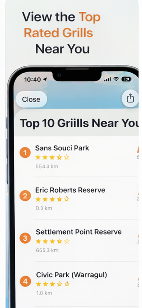 Grill Seeker - Smartphone screen showing a list of top 10 rated public BBQ grills near the user with distance and star ratings.