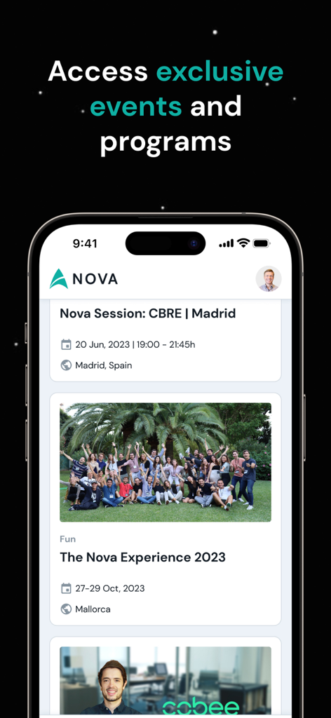 Nova Connect - Un écran mobile de l'application Nova Connect présentant des événements professionnels exclusifs et des programmes de réseautage.