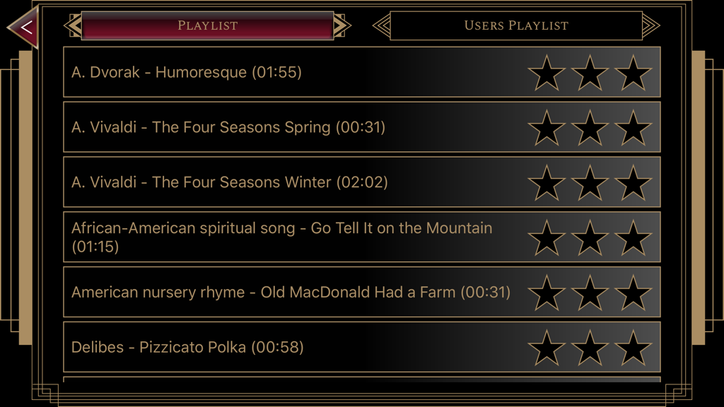 The Best Piano - Um menu exibindo uma lista de músicas clássicas e cantigas de ninar no aplicativo O Melhor Piano com um sistema de classificação de três estrelas.