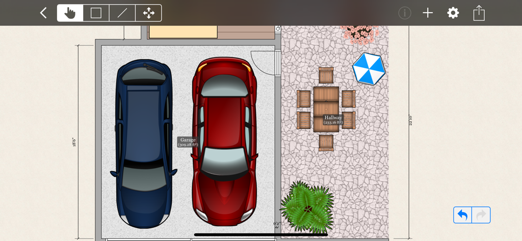 Planimetria 2D dall'alto che mostra un garage per due auto e un patio in pietra con mobili da esterno