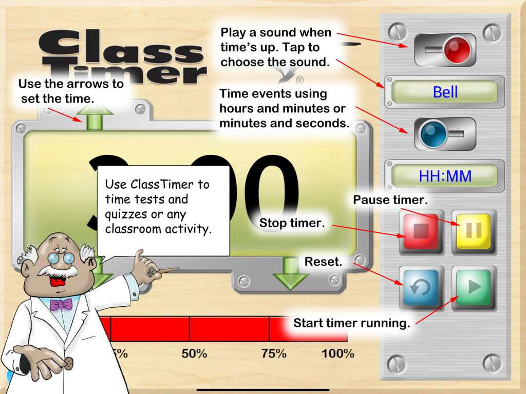 ClassTimer app interface featuring a digital countdown clock, visual bar graph progress indicator, and control buttons for classroom time management.