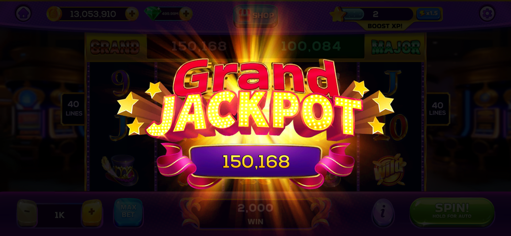 Grand Jackpot win screen in Crazy Slots Royal Casino Game showing a prize of 150,168 coins with light rays and stars.