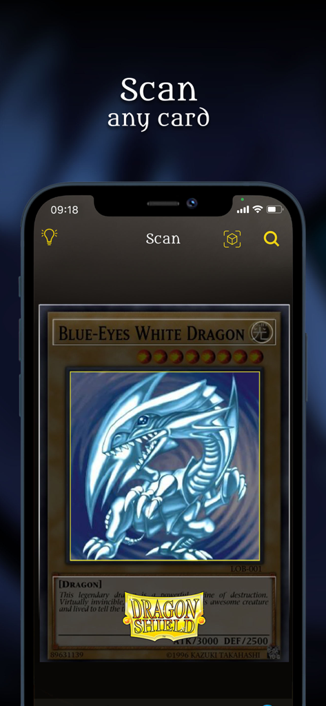 YGO Scanner - Dragon Shield - Smartphone screen showing the Dragon Shield YGO Scanner app scanning a Blue-Eyes White Dragon card