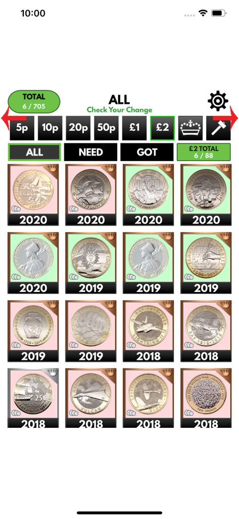 Check Your Change - Grid layout of UK two pound coins with collection status indicators in the Check Your Change app.