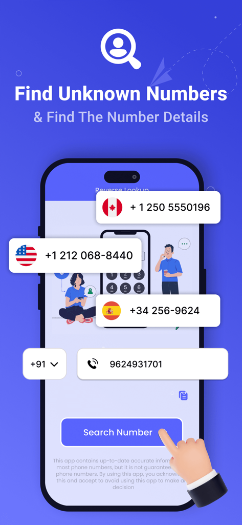 Interface do aplicativo de busca reversa mostrando recursos de pesquisa de números de telefone desconhecidos e exemplos de contatos internacionais.